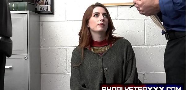  Security officer Jack Vegas brings shoplifter Aria Carson to the back for some questioning after catching some footage of her stuffing merchandise under her sweater. FULL SCENE on httpShoplyfterXXX.com